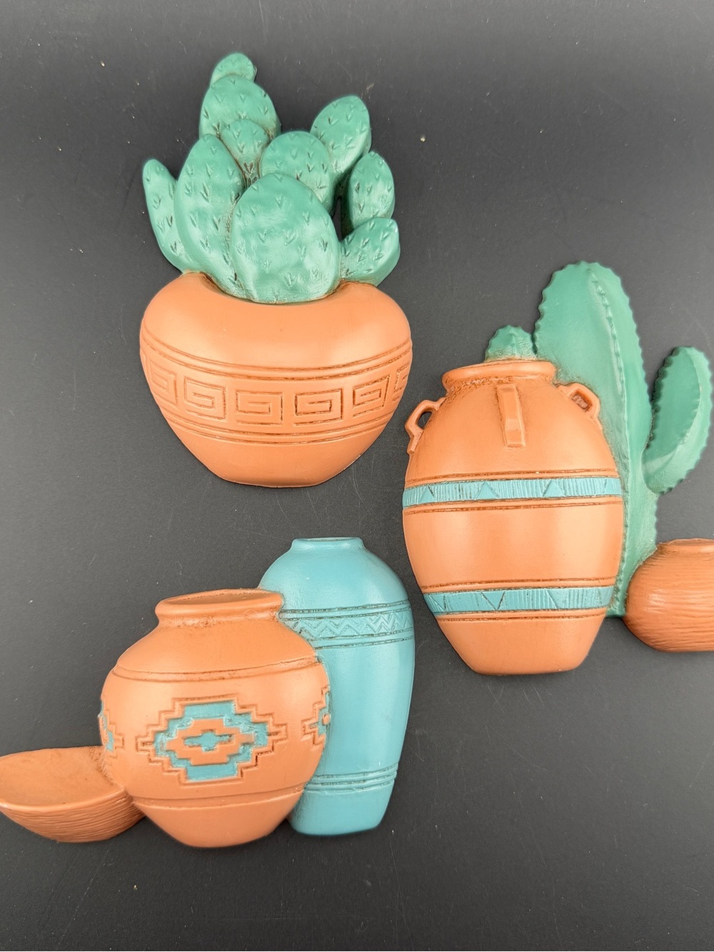 3 Vintage Burwood Homco Wall Decor Plaques Cactus Plants Pots Southwest 3139 USA